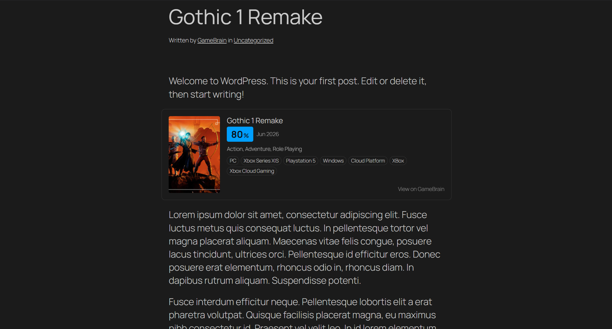 The same Game Card block adapting automatically to a dark WordPress theme