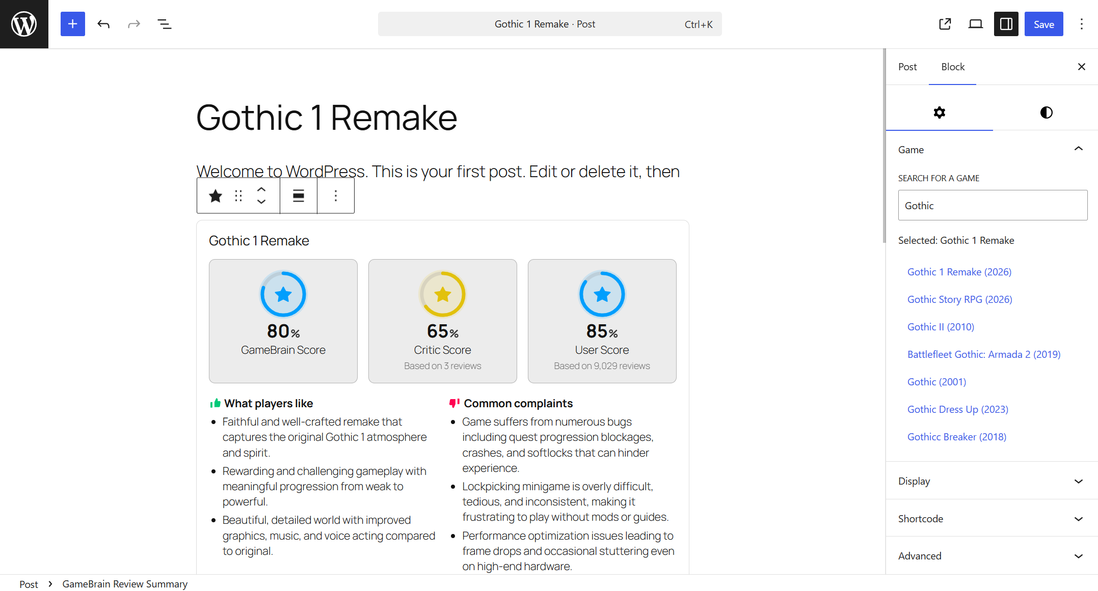 Picking a game and inserting a GameBrain block in the WordPress editor