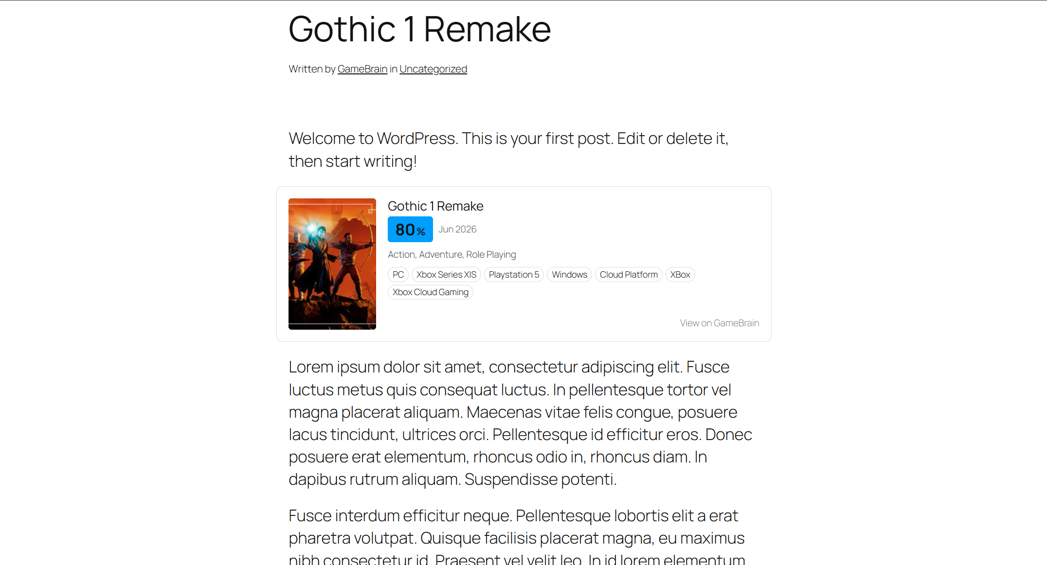 Game Card block rendered in a WordPress post — cover, GameBrain Score, release date, genres and platforms