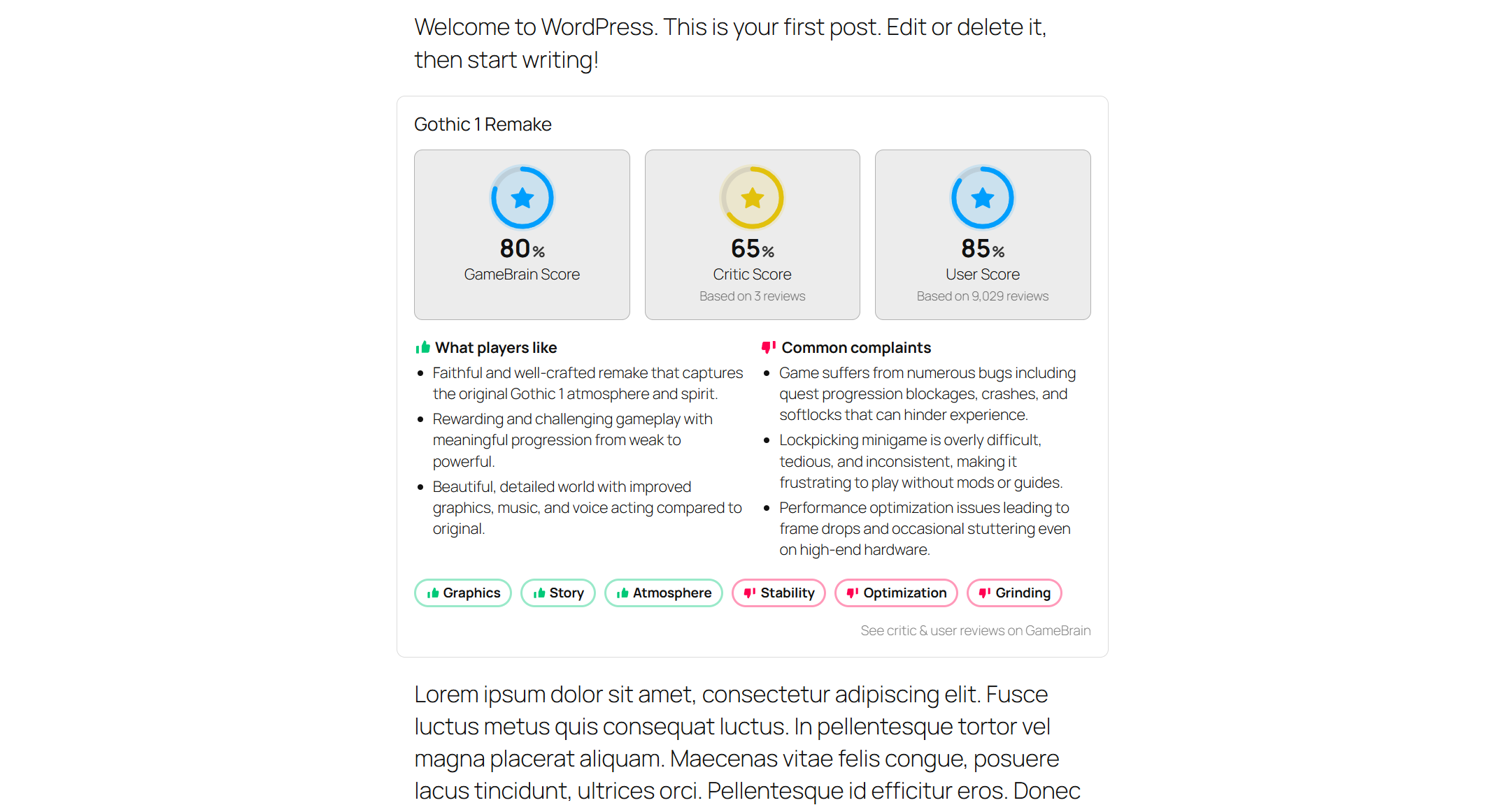 Review Summary block — GameBrain, critic and user scores with what players like and dislike