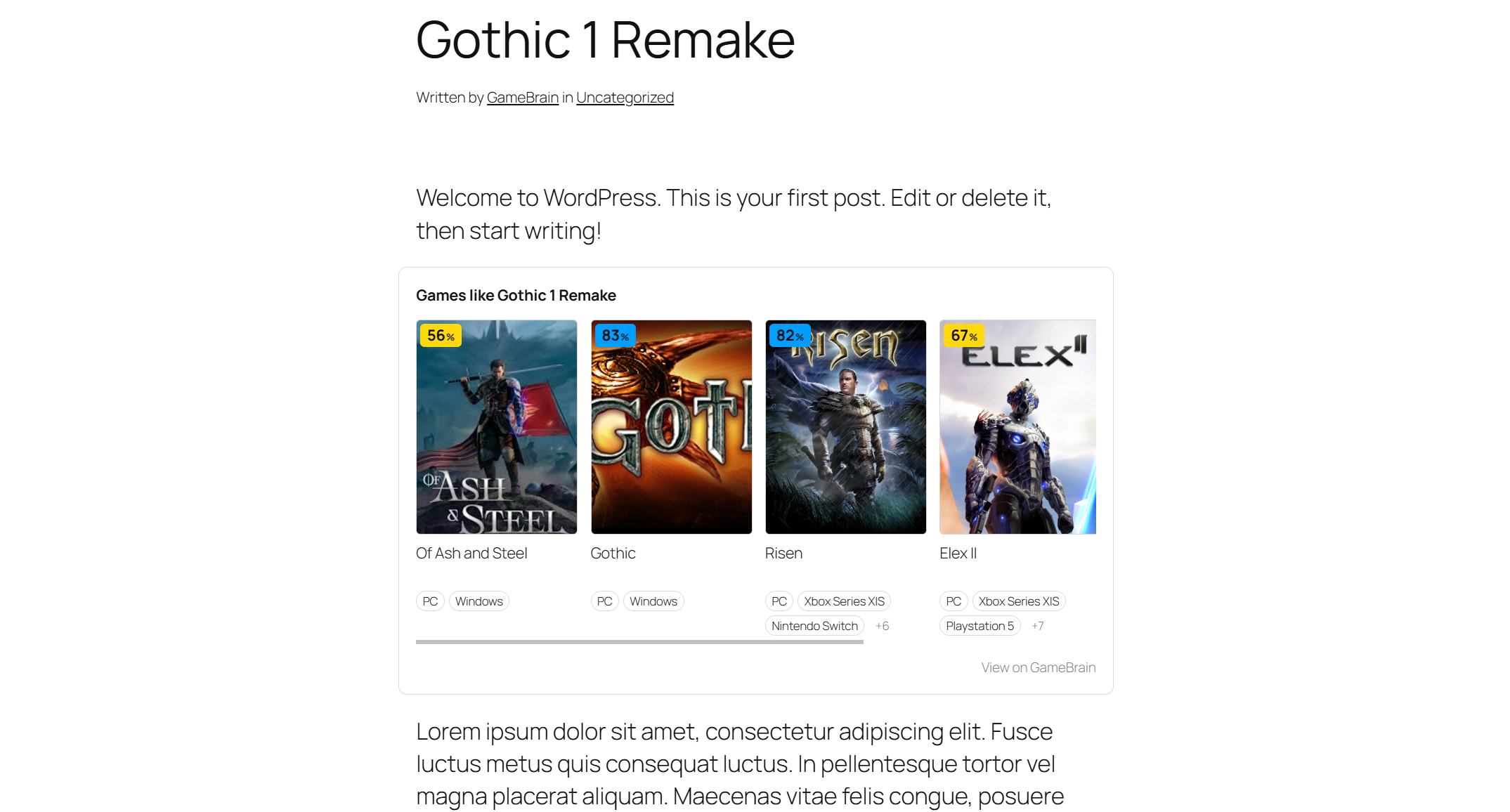 Similar Games block — a scrollable row of related titles with score badges and platforms
