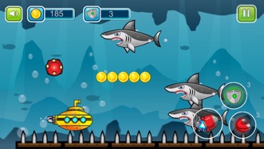 Submarine shooting shark in underwater adventure Image