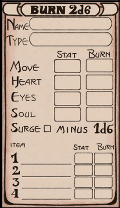 BURN 2d6 RPG - on a business card Game Cover