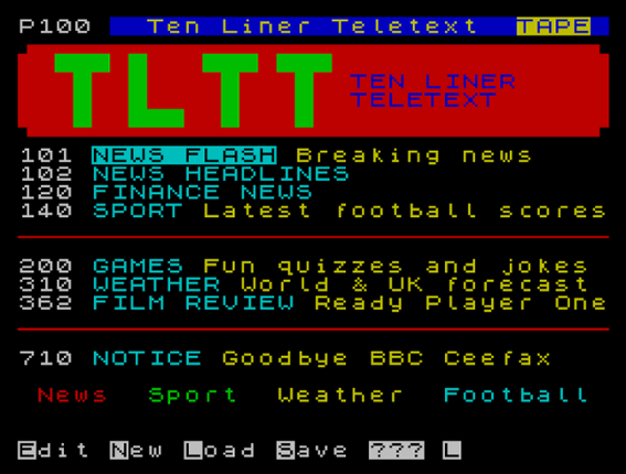 Ten Liner Teletext (ZX Spectrum) by Matthew Begg Game Cover