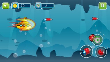 Submarine shooting shark in underwater adventure Image