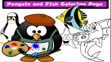 Paint Penguin and Fish Coloring Page for Funny Kids Image
